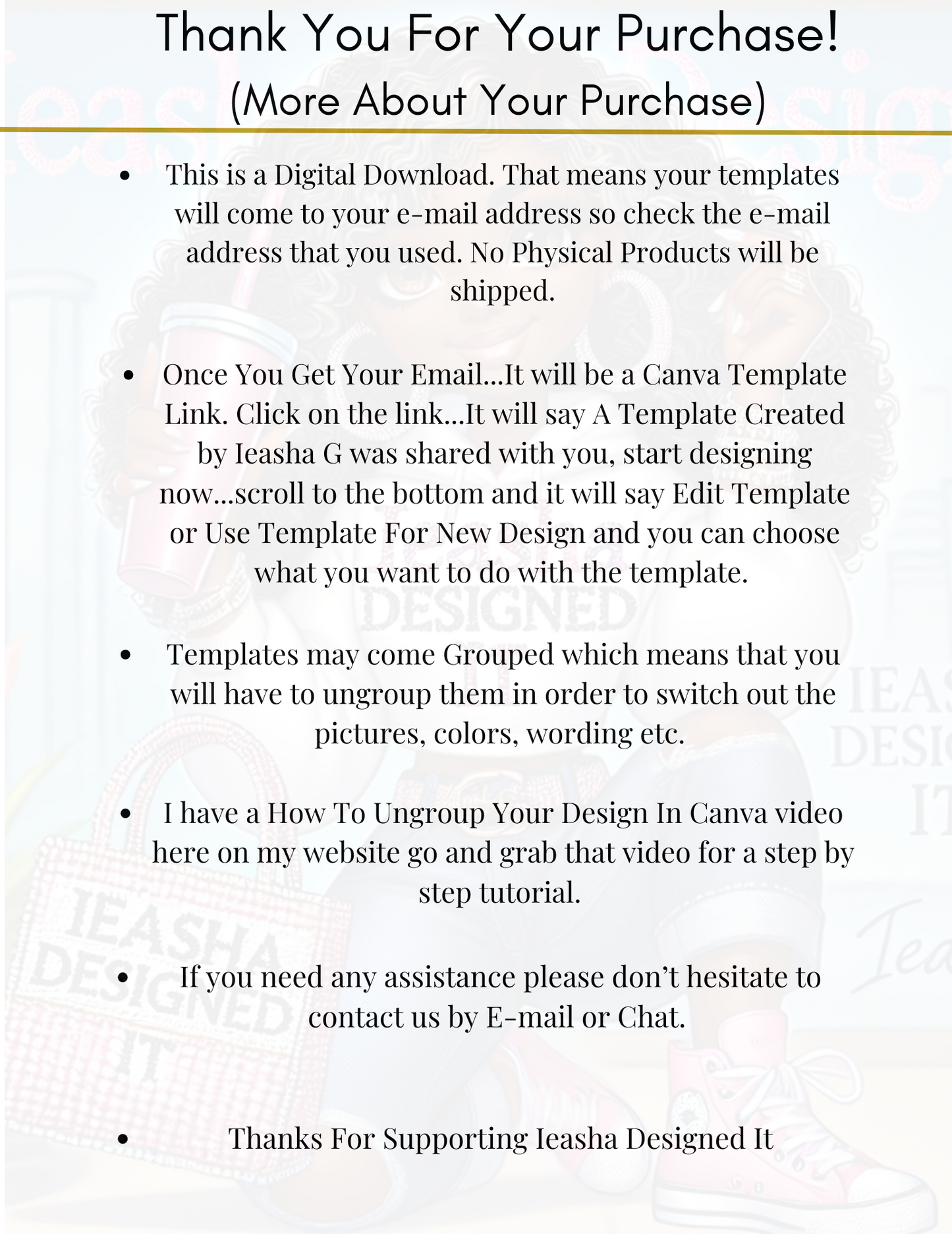 Text explaining digital download templates for Canva with contact information.