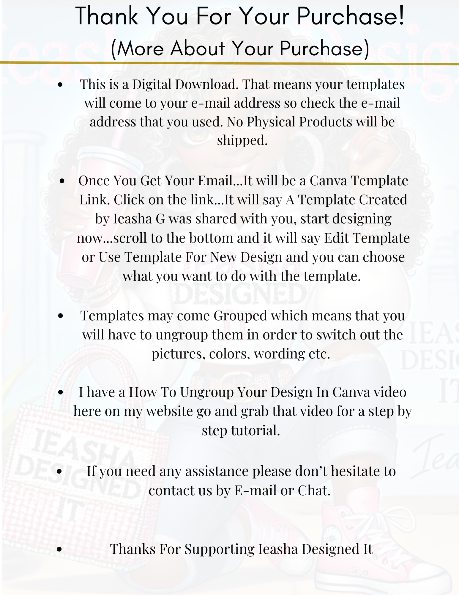Text explaining digital download templates for Canva with contact information.